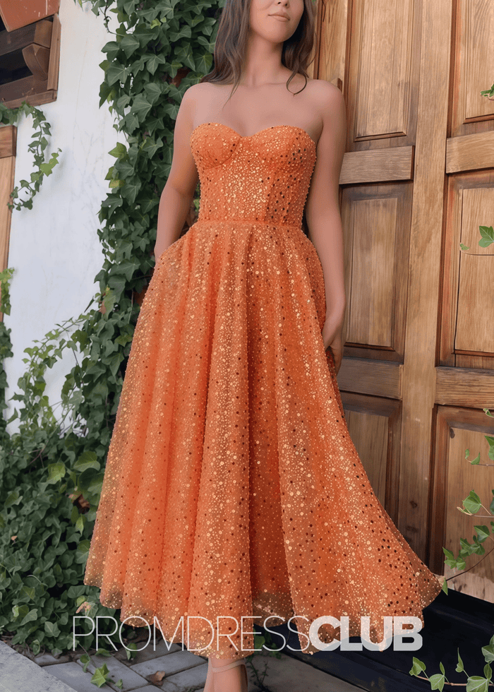 Tina |Orange Dresses For Prom Long A Line With Length Sleeveless Sweetheart Sequins - Price #price_variant_lowest# - Orange - PromDressClub