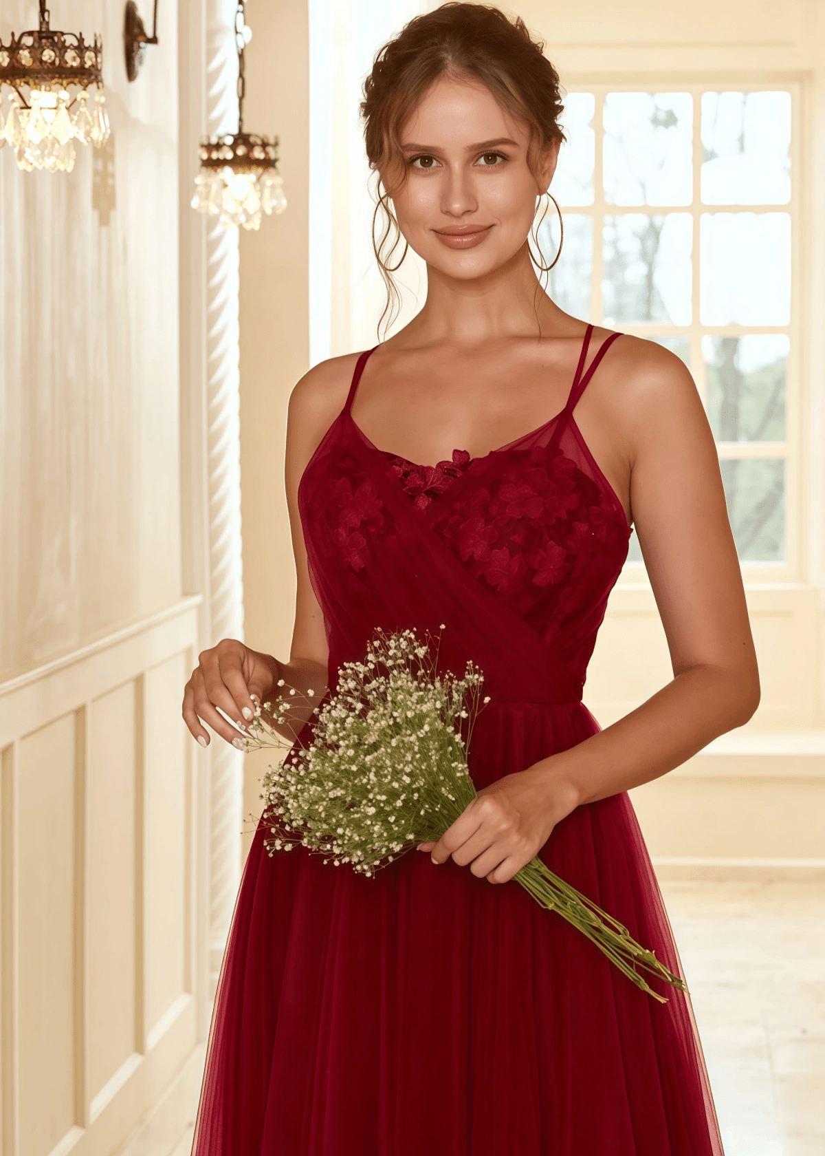 Tobey | A Line Lace Embroider Burgundy Tulle Long Bridesmaid Dress - Price #price_variant_lowest# - Burgundy - PromDressClub