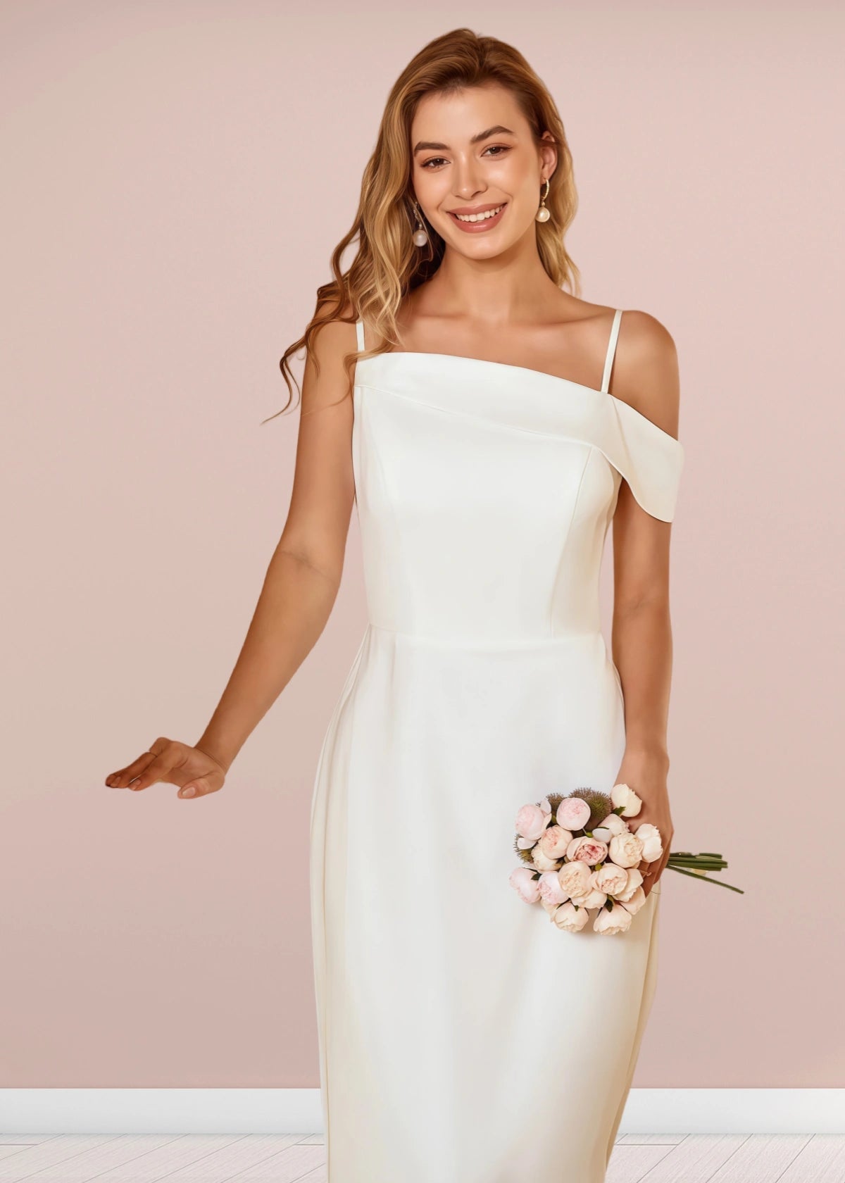 Tracy | Sheath Column Asymmetric White Satin Long Bridesmaid Dress - Price #price_variant_lowest# - White - PromDressClub
