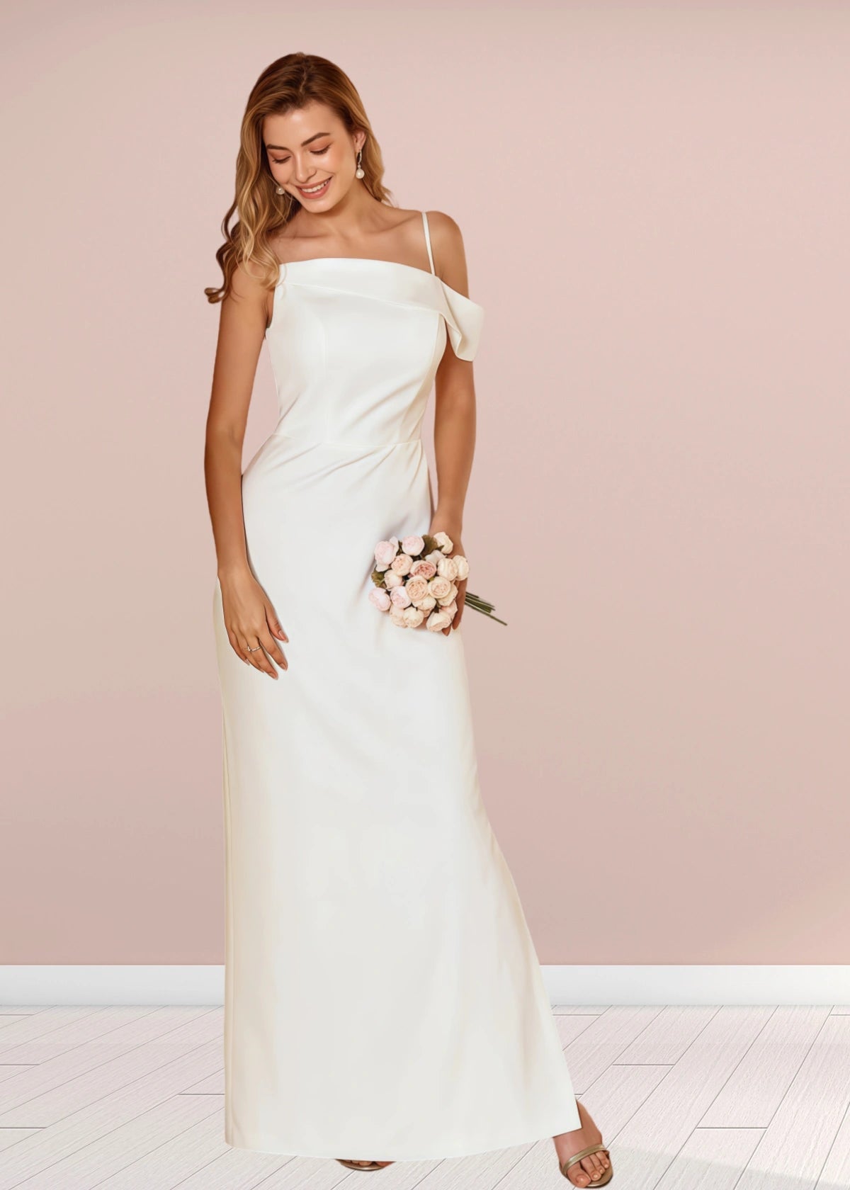 Tracy | Sheath Column Asymmetric White Satin Long Bridesmaid Dress - Price #price_variant_lowest# - White - PromDressClub