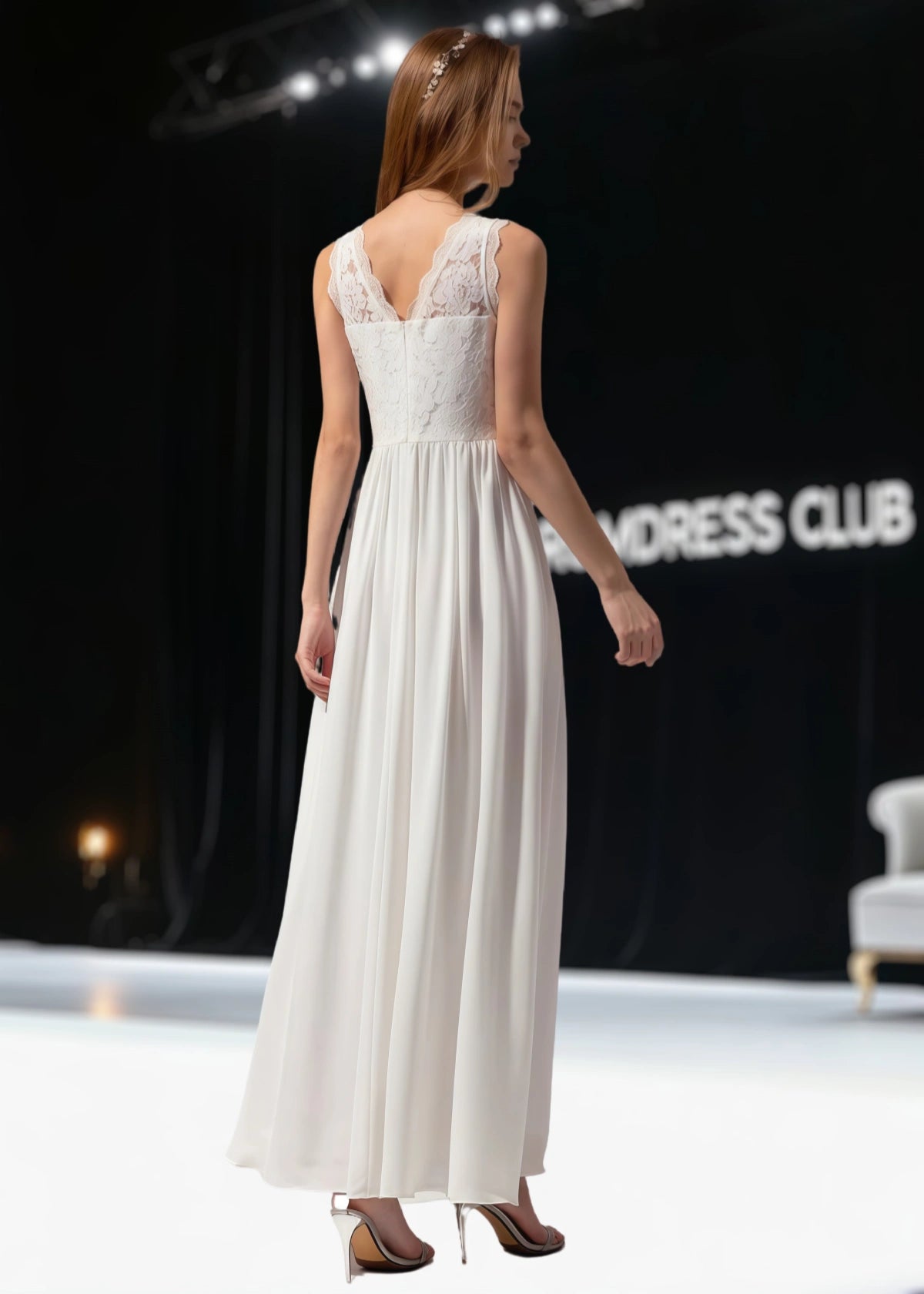 Trista | A Line Lace Embroider White Chiffon Long Wedding Guest Dress - Price #price_variant_lowest# - White - PromDressClub