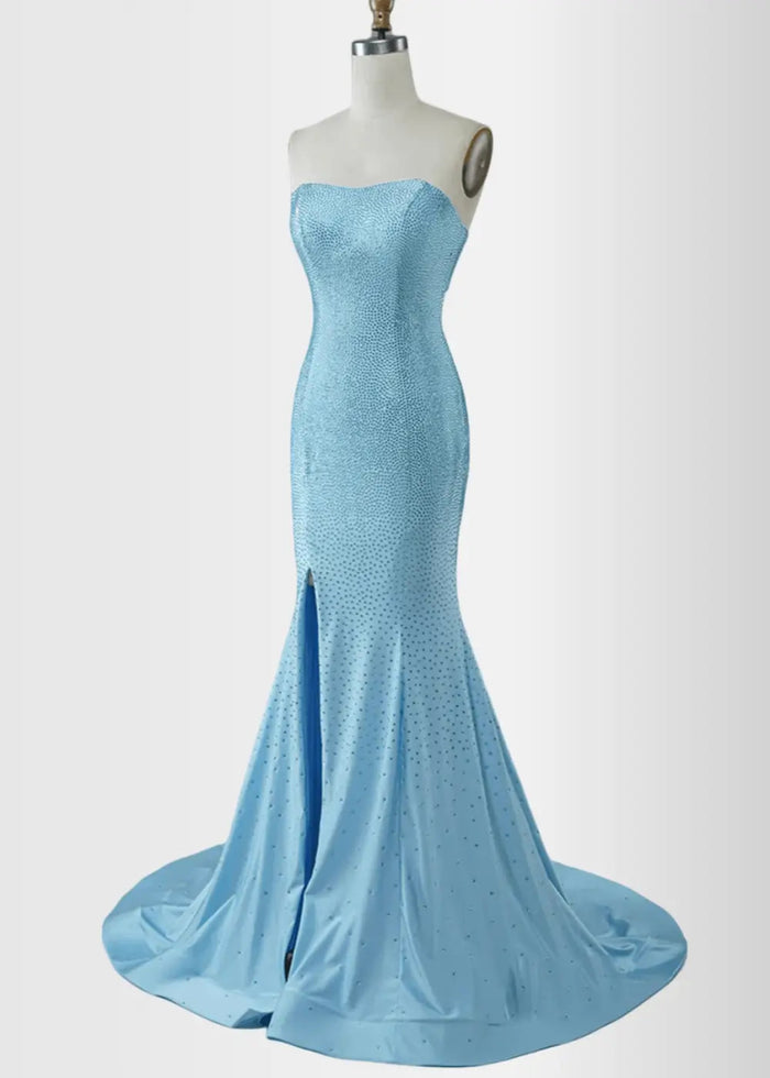 Joanne | Light Blue Mermaid Strapless Sequin Prom Dress with Slit - Light Blue - PromDressClub