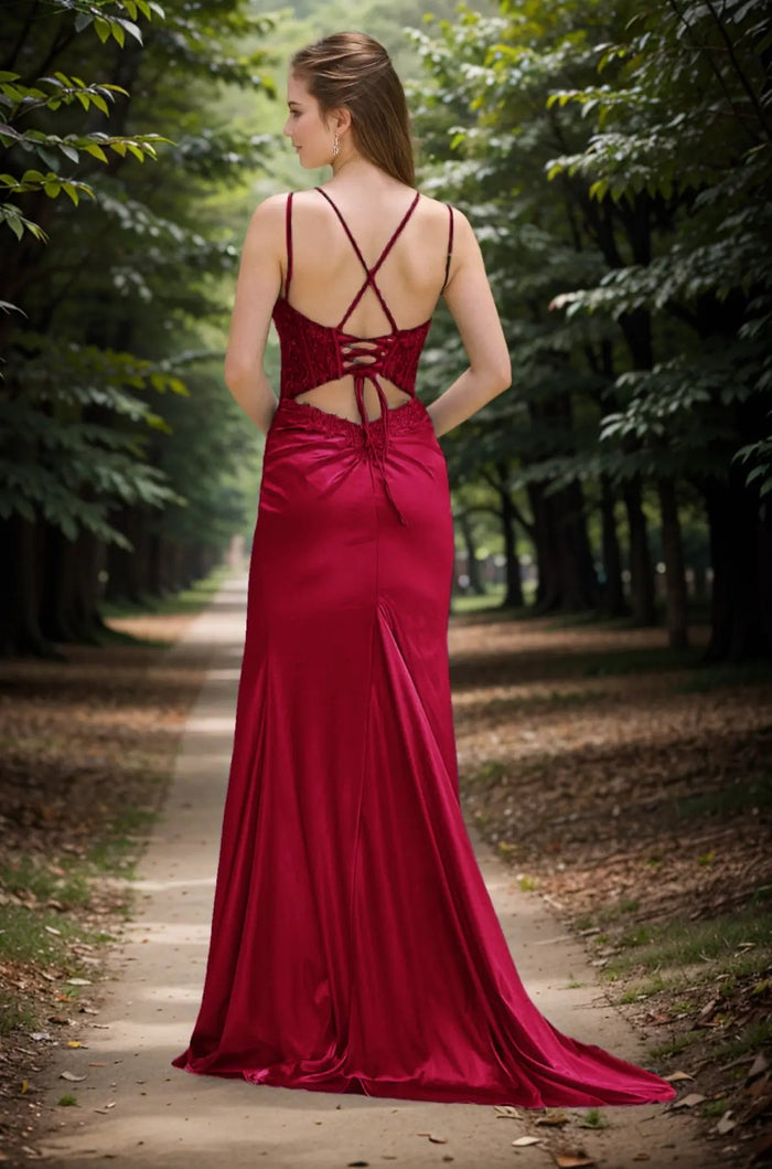 Honey | Emerald Green and Black Lace Mermaid Backless Pleated Prom Dress with Slit - Burgundy - PromDressClub