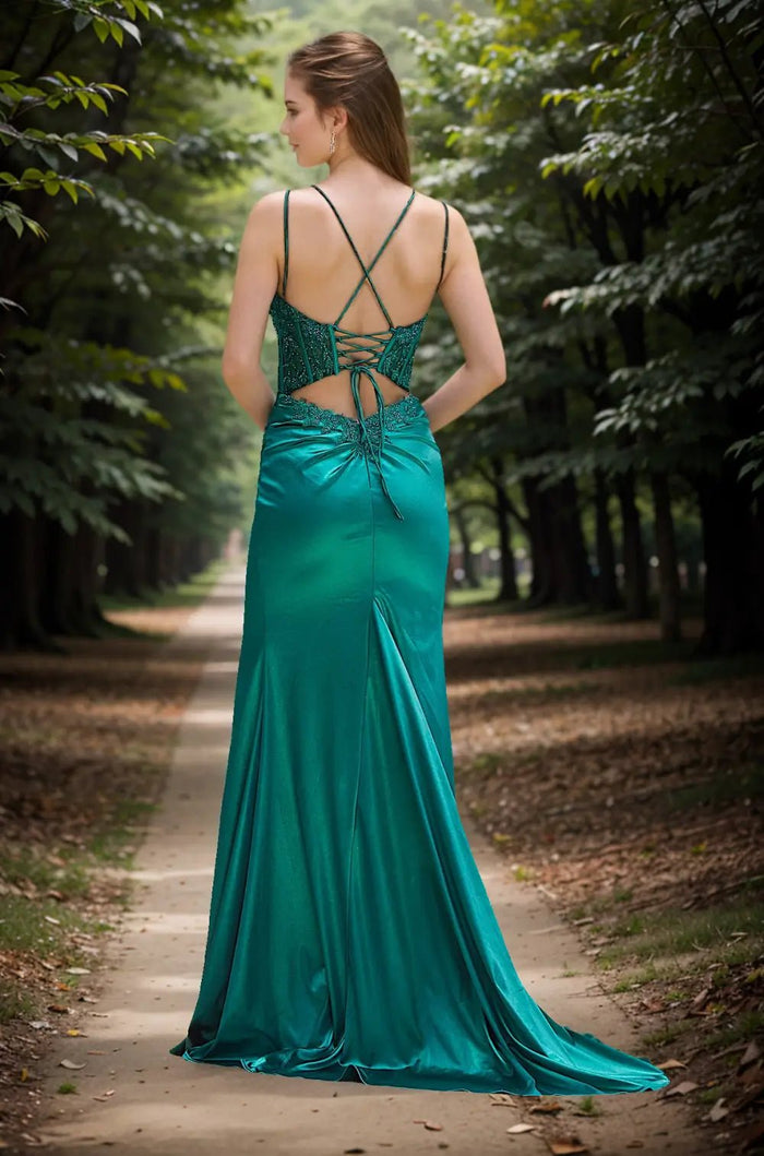 Honey | Emerald Green and Black Lace Mermaid Backless Pleated Prom Dress with Slit - Emerald Green - PromDressClub