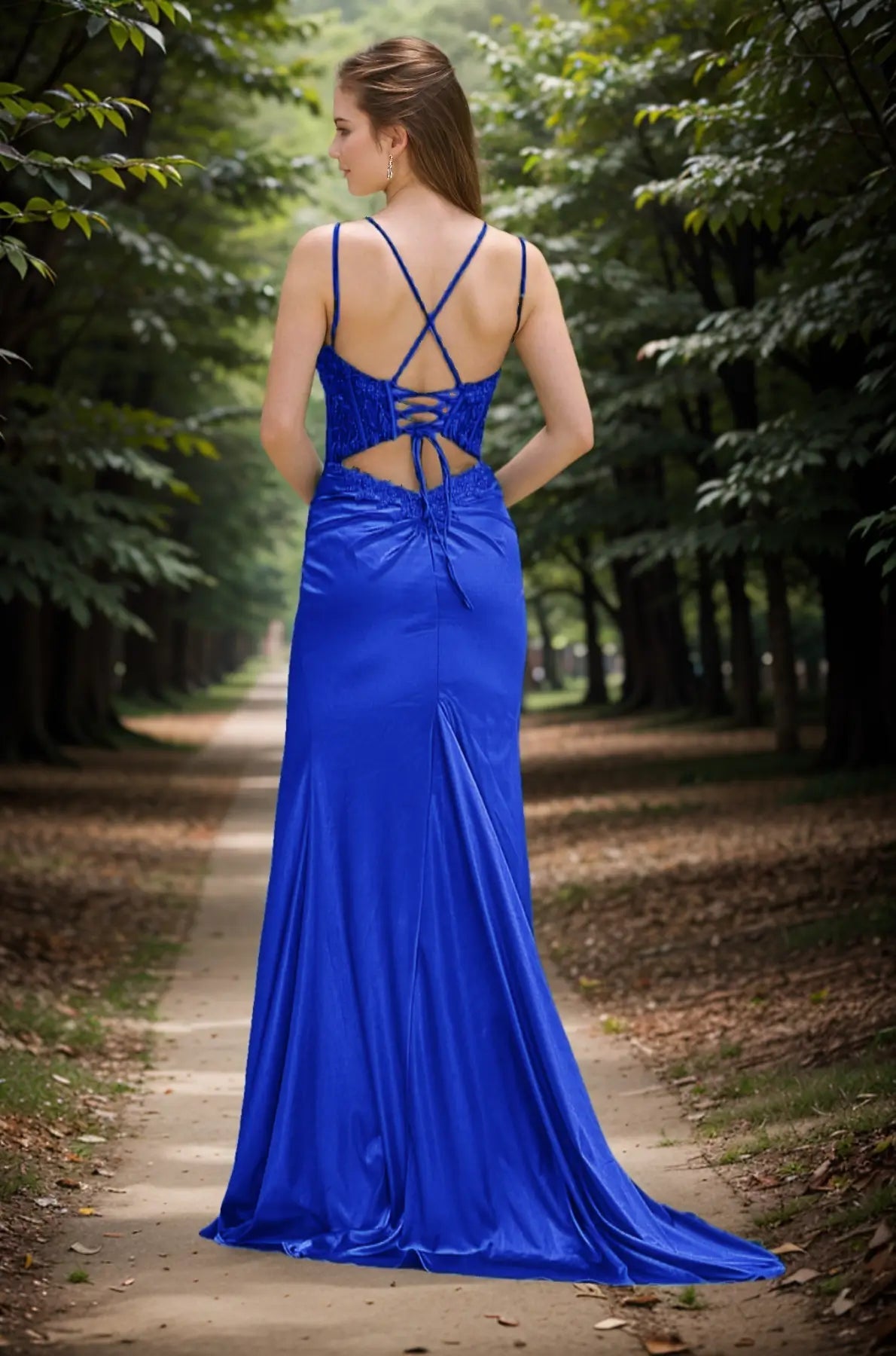 Honey | Emerald Green and Black Lace Mermaid Backless Pleated Prom Dress with Slit - Royal Blue - PromDressClub