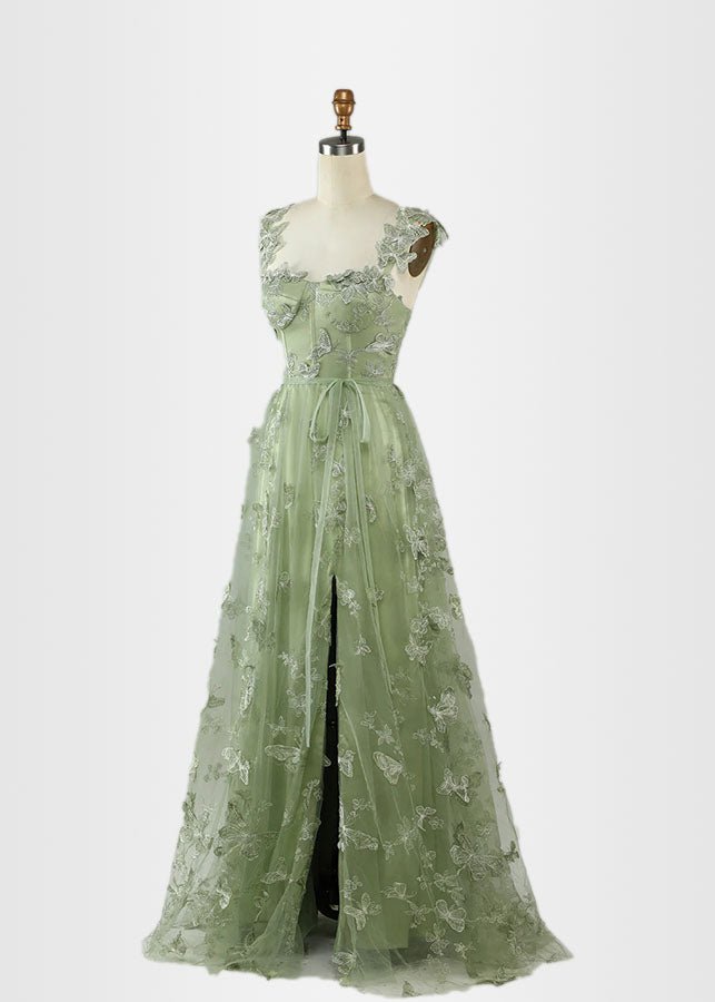 Hermosa | Green Prom Dresses Long A Line Long Tulle Corset with 3D Butterflies - Sage Green - PromDressClub