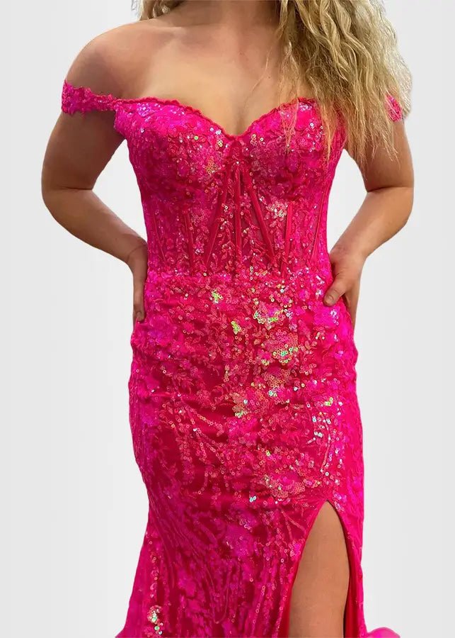 Hilary | Fuchsia Prom Dress Long Mermaid Off the Shoulder Sequins Corset with Slit - Fuchsia - PromDressClub