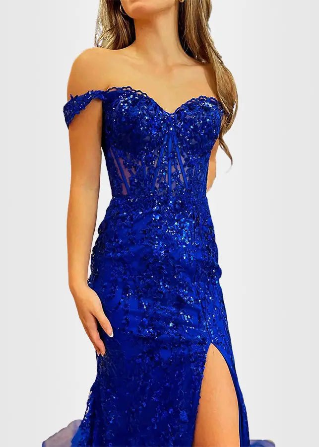 Hilary | Fuchsia Prom Dress Long Mermaid Off the Shoulder Sequins Corset with Slit - Royal Blue - PromDressClub