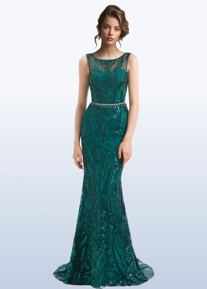 Hedy | Dark Green Mermaid High Neck Corset Prom Dress With Belt - Dark Green - PromDressClub