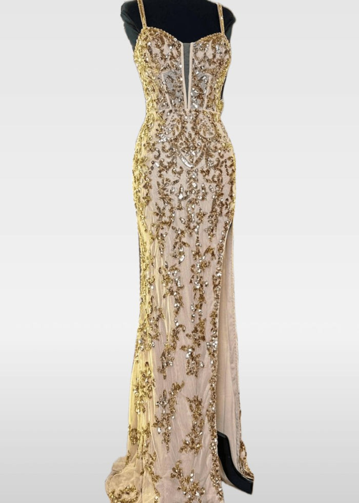 Nydia | Royal Blue and Emerald Green Mermaid V Neck Slit in Prom Dress - Champagne - PromDressClub