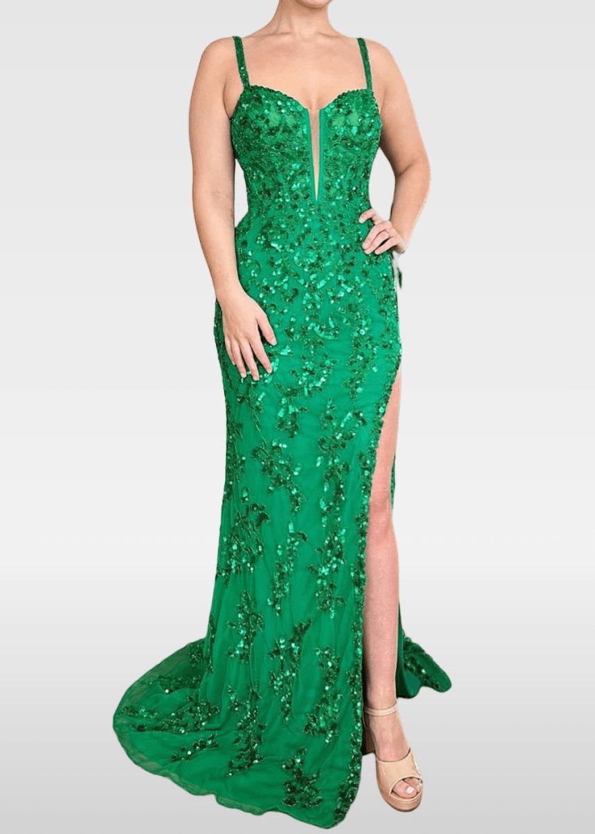 Nydia | Royal Blue and Emerald Green Mermaid V Neck Slit in Prom Dress - Emerald Green - PromDressClub
