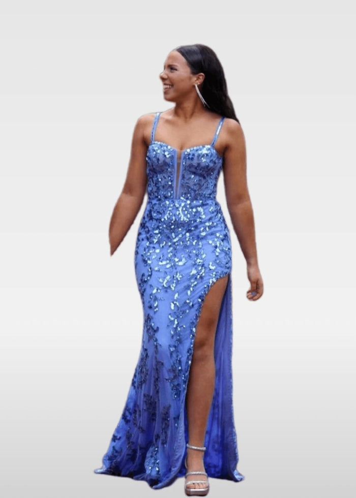 Nydia | Royal Blue and Emerald Green Mermaid V Neck Slit in Prom Dress - Navy Blue - PromDressClub