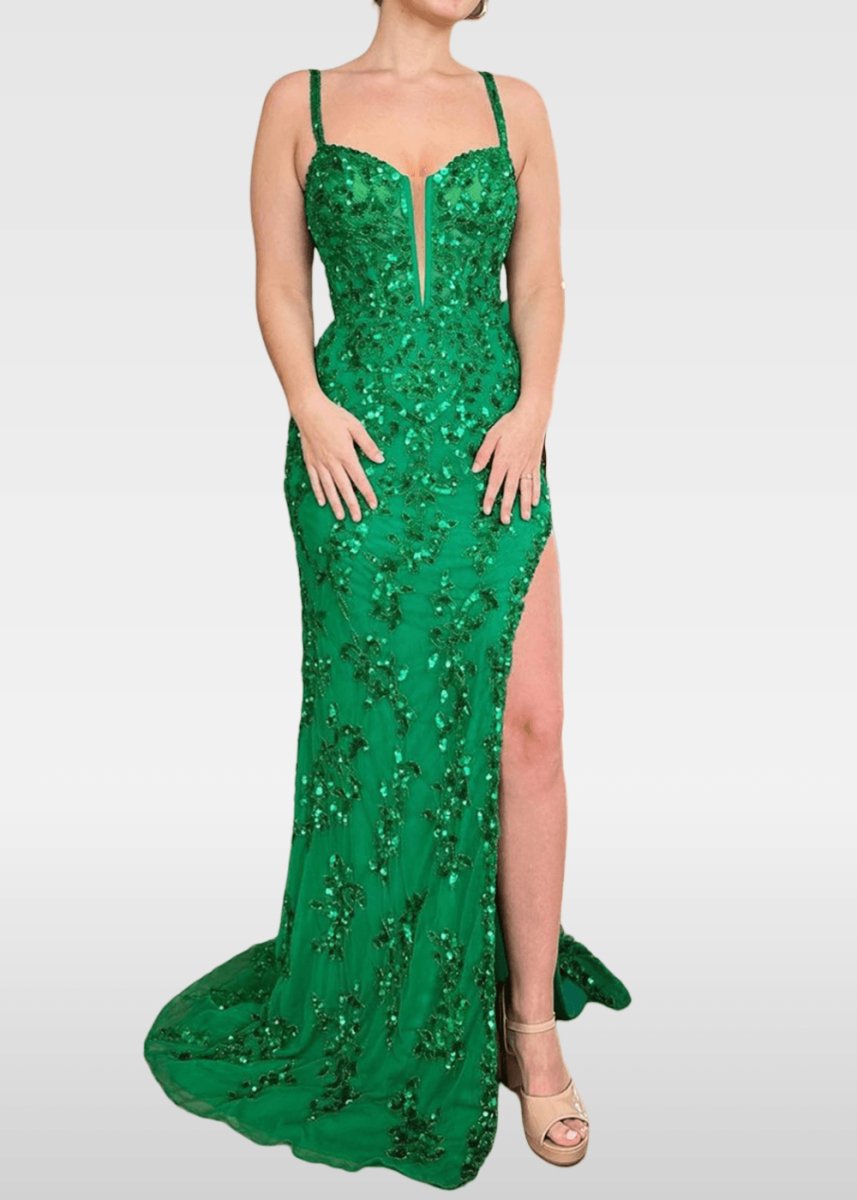 Nydia | Royal Blue and Emerald Green Mermaid V Neck Slit in Prom Dress - Emerald Green - PromDressClub
