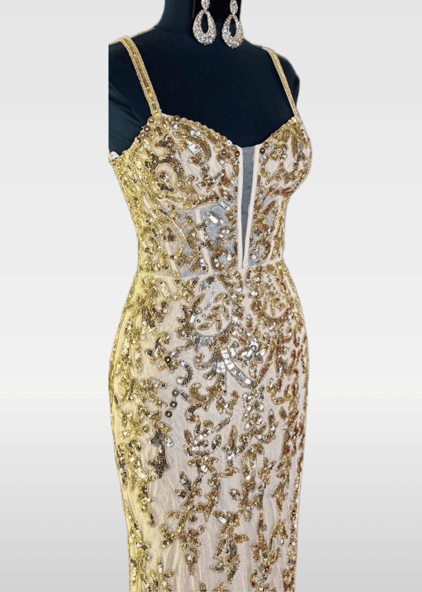 Nydia | Royal Blue and Emerald Green Mermaid V Neck Slit in Prom Dress - Champagne - PromDressClub