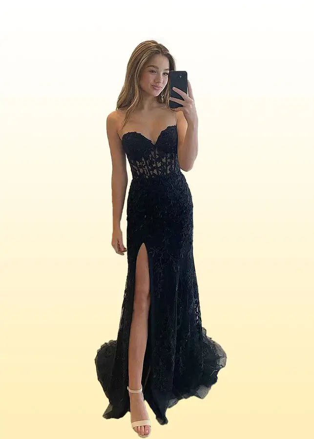 Edwina | Royal Blue Prom Dresses Long Mermaid Strapless Lace Corset with Slit - Black - PromDressClub