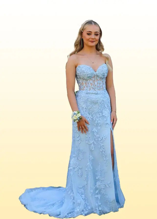 Edwina | Royal Blue Prom Dresses Long Mermaid Strapless Lace Corset with Slit - Light Blue - PromDressClub
