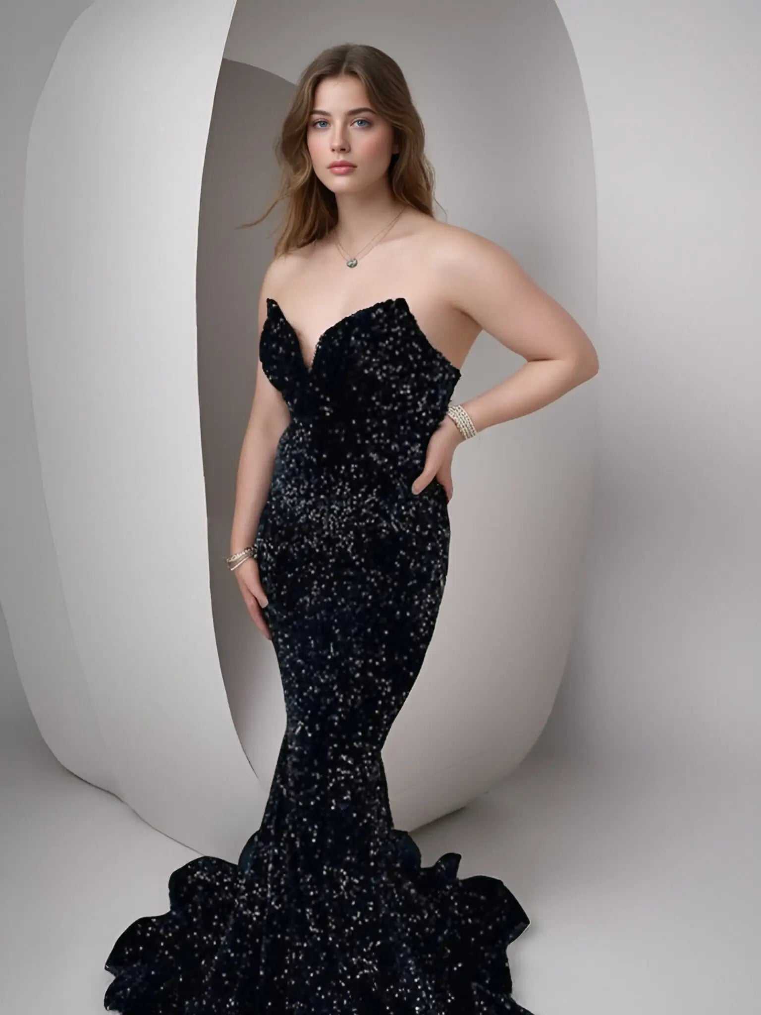 Frances | Burgundy Mermaid Sequin Corset Backless Prom Dress with Train - Black - PromDressClub