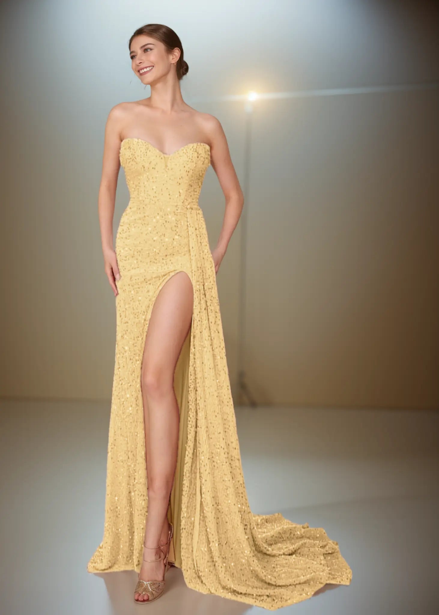 Wallis | Light Pink Mermaid Strapless Sweetheart Neck Prom Dress with Slit and Train - Gold - PromDressClub