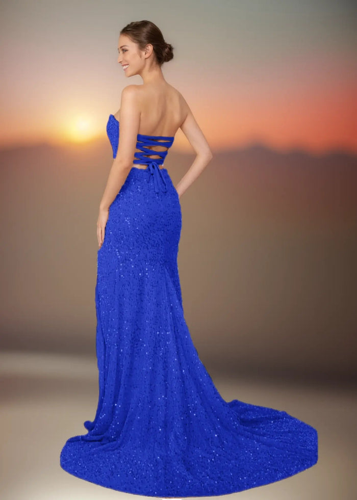 Wallis | Light Pink Mermaid Strapless Sweetheart Neck Prom Dress with Slit and Train - Royal Blue - PromDressClub