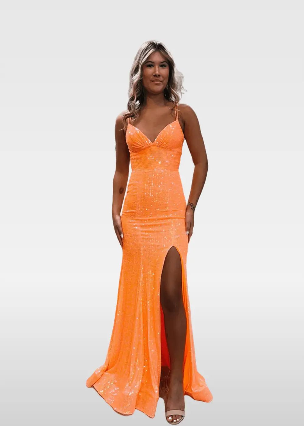 Elvira | Ivory and Orange Mermaid V Neck Prom Dress Royal Blue Sequin with Slit - Orange - PromDressClub