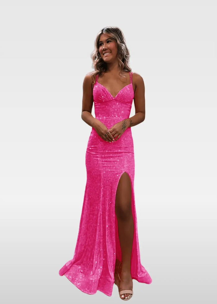 Elvira | Ivory and Orange Mermaid V Neck Prom Dress Royal Blue Sequin with Slit - Fuchsia - PromDressClub