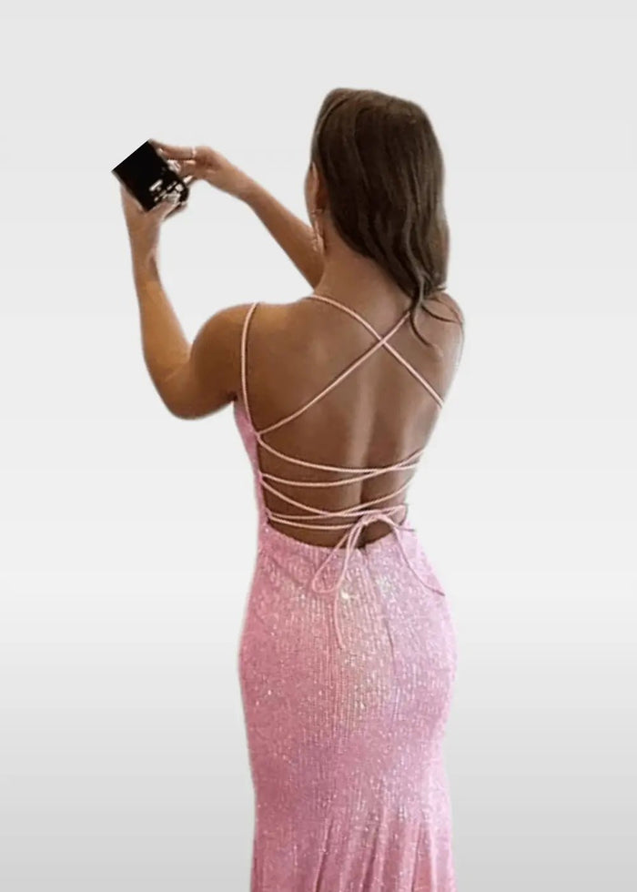 Elvira | Ivory and Orange Mermaid V Neck Prom Dress Royal Blue Sequin with Slit - Light Pink - PromDressClub