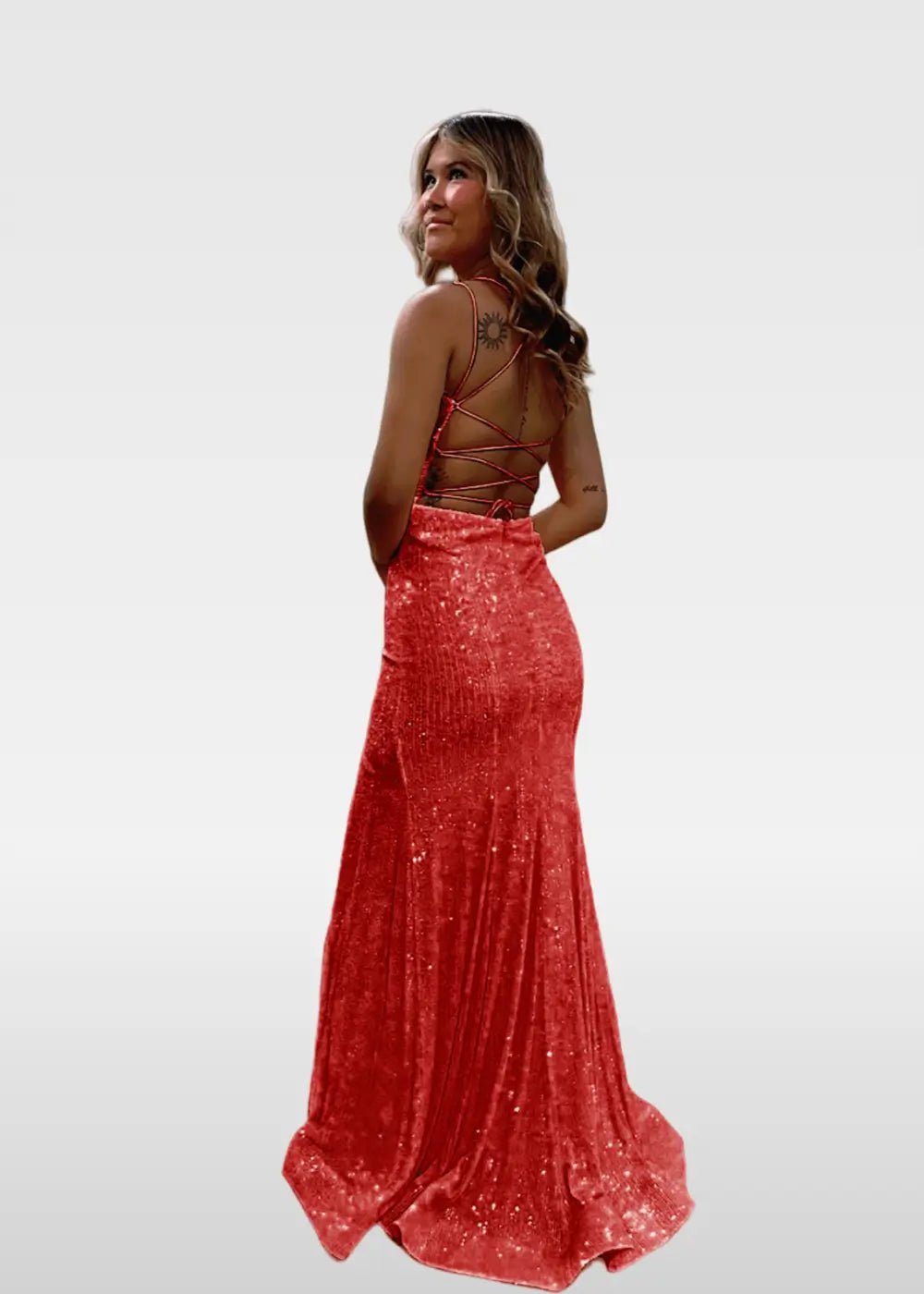 Elvira | Ivory and Orange Mermaid V Neck Prom Dress Royal Blue Sequin with Slit - Red - PromDressClub