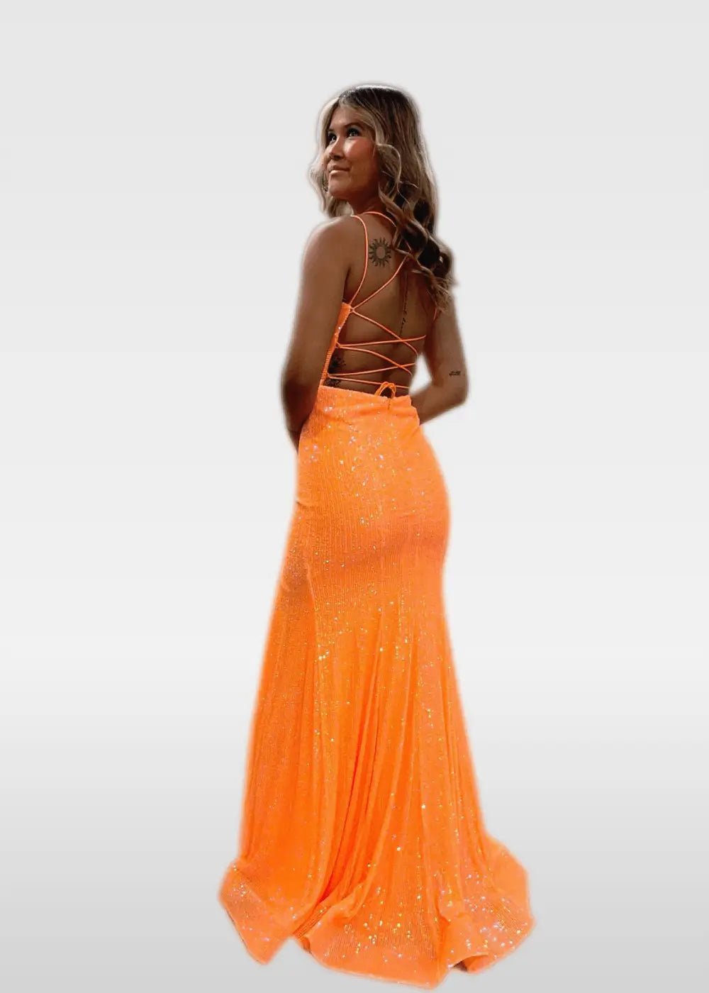 Elvira | Ivory and Orange Mermaid V Neck Prom Dress Royal Blue Sequin with Slit - Orange - PromDressClub