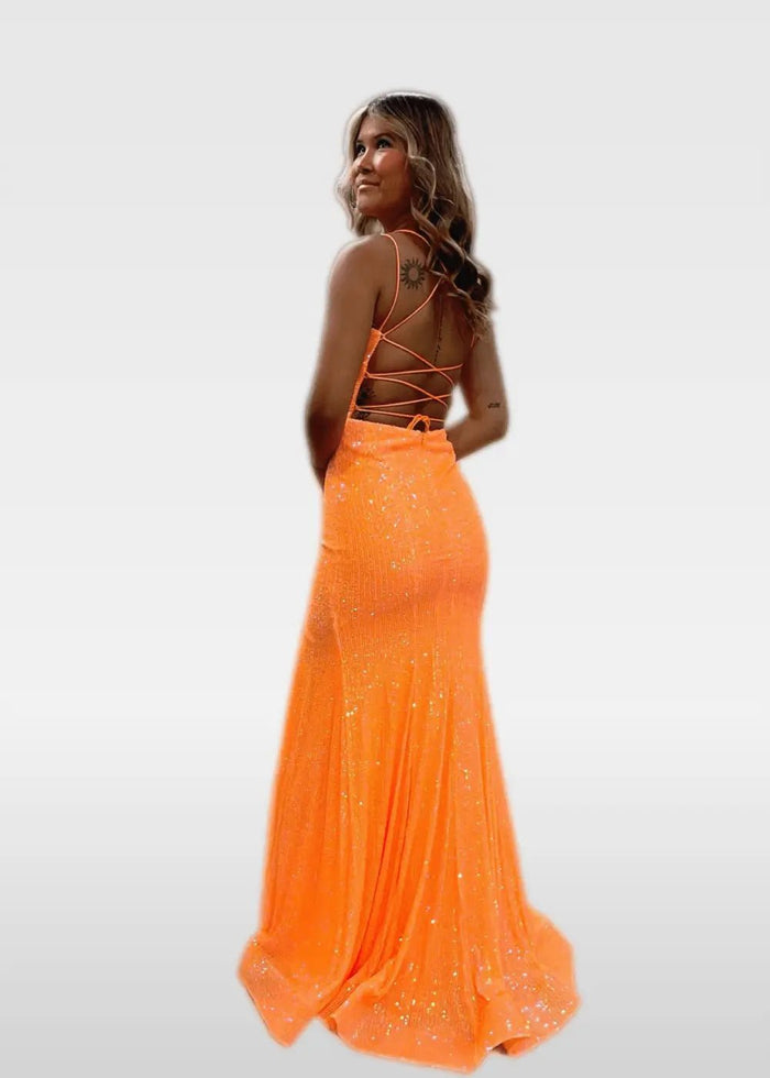 Elvira | Ivory and Orange Mermaid V Neck Prom Dress Royal Blue Sequin with Slit - Orange - PromDressClub