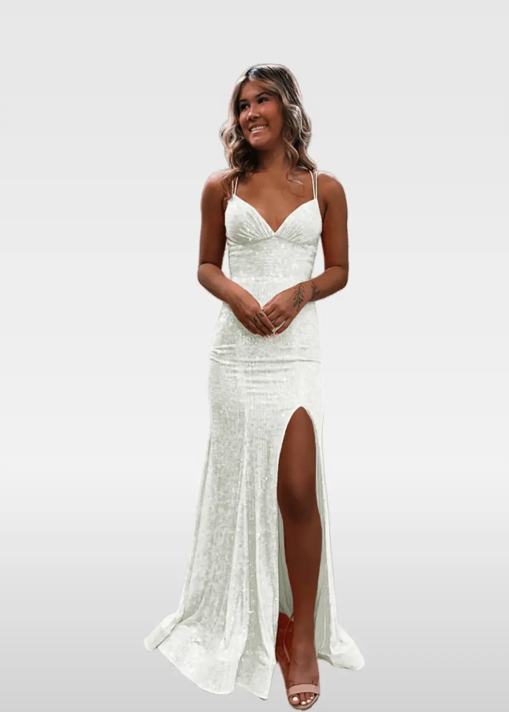 Elvira | Ivory and Orange Mermaid V Neck Prom Dress Royal Blue Sequin with Slit - Ivory - PromDressClub