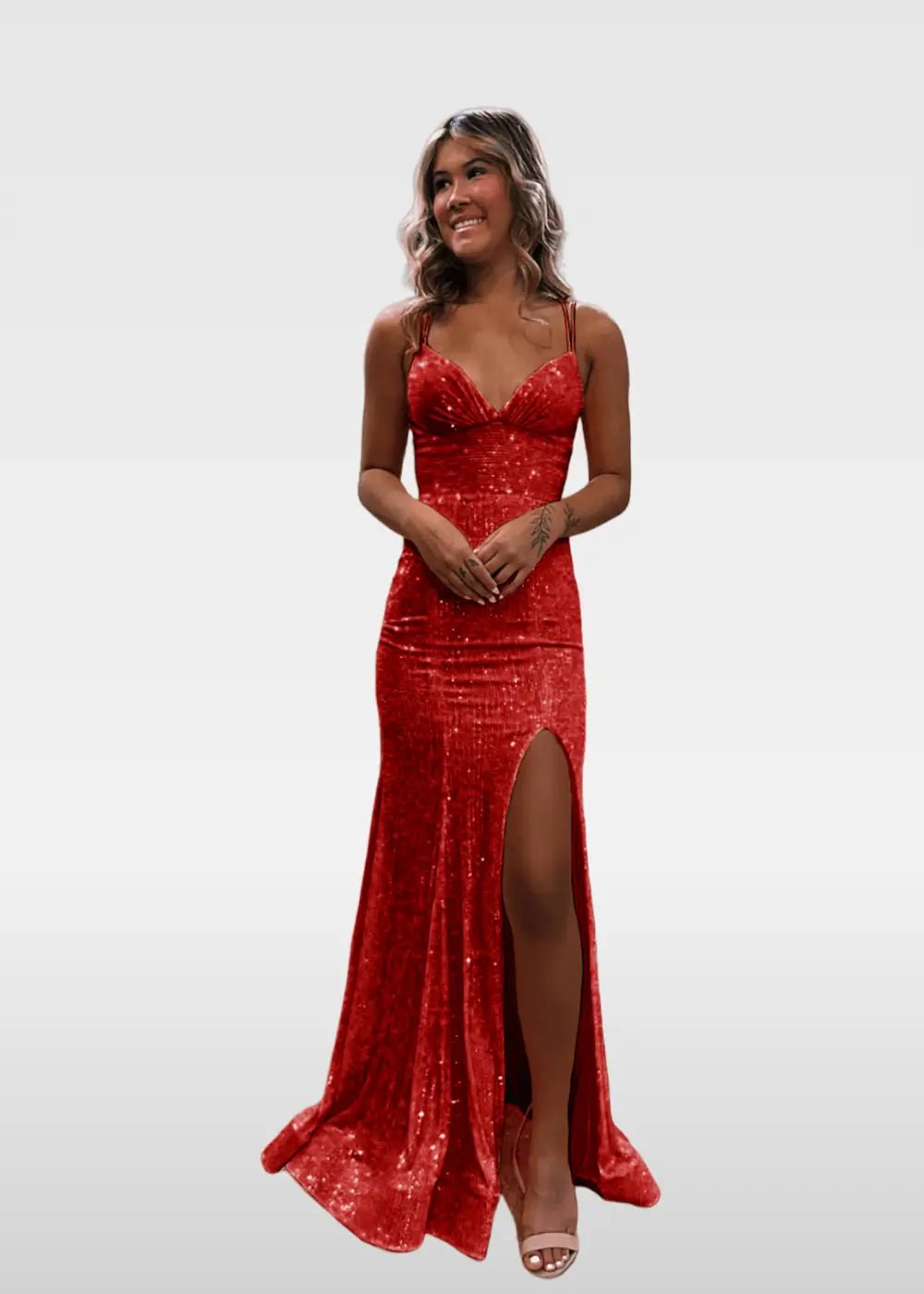 Elvira | Ivory and Orange Mermaid V Neck Prom Dress Royal Blue Sequin with Slit - Red - PromDressClub