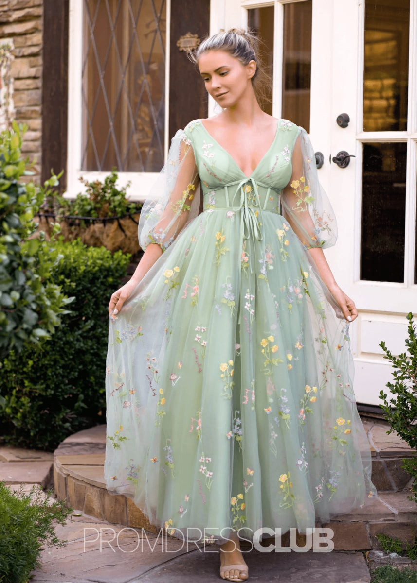 Tulle Sage Floral Prom Dress Long With A - line V - neck Embroidery - Sage Floral - PromDressClub