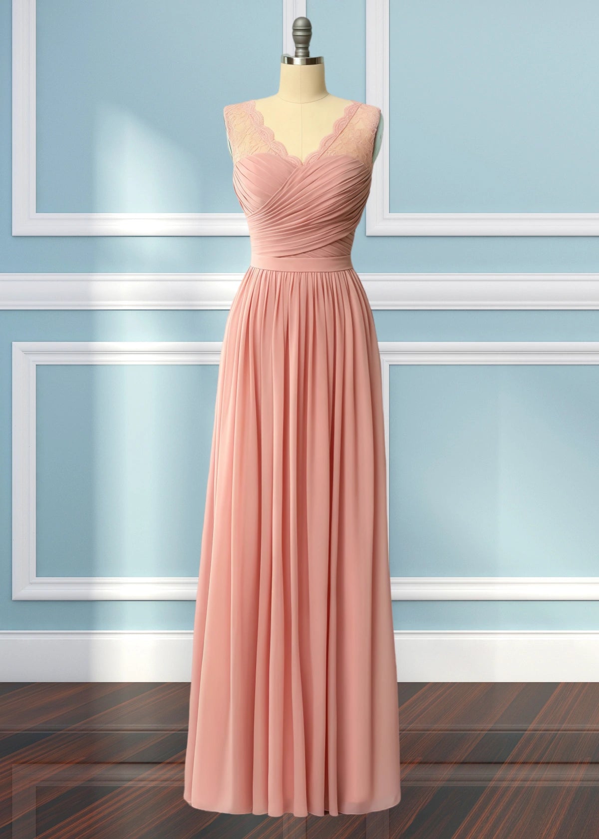 Ula | A Line Corset Lace Embroidered White Chiffon Long Bridesmaid Dress - Price #price_variant_lowest# - Blush - PromDressClub