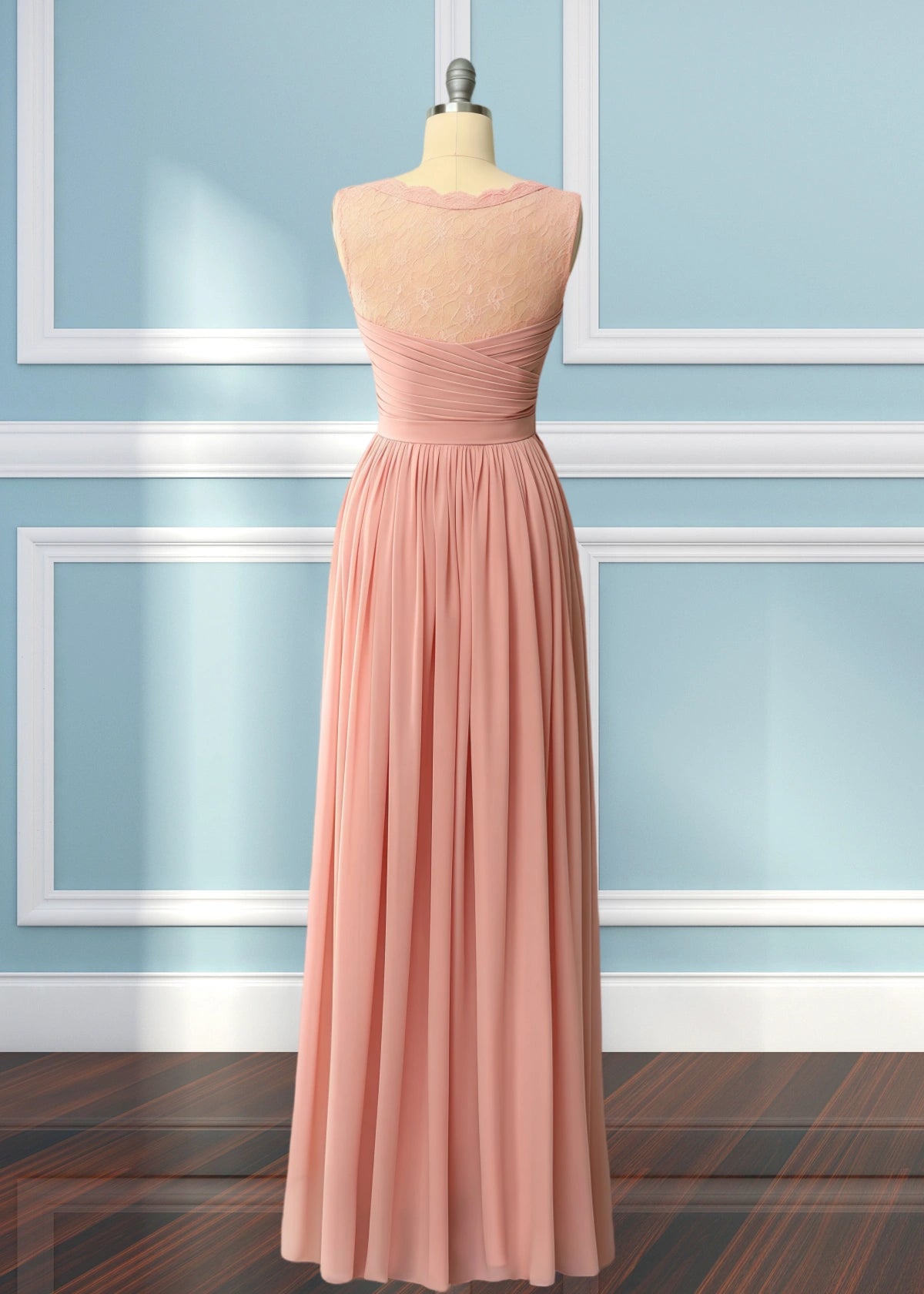 Ula | A Line Corset Lace Embroidered White Chiffon Long Bridesmaid Dress - Price #price_variant_lowest# - Blush - PromDressClub