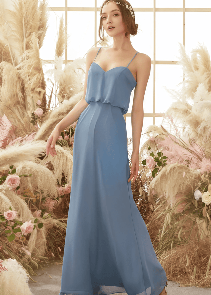 Una | Sheath Column Grey Blue Chiffon Long Bridesmaid Dress - Price #price_variant_lowest# - Grey Blue - PromDressClub