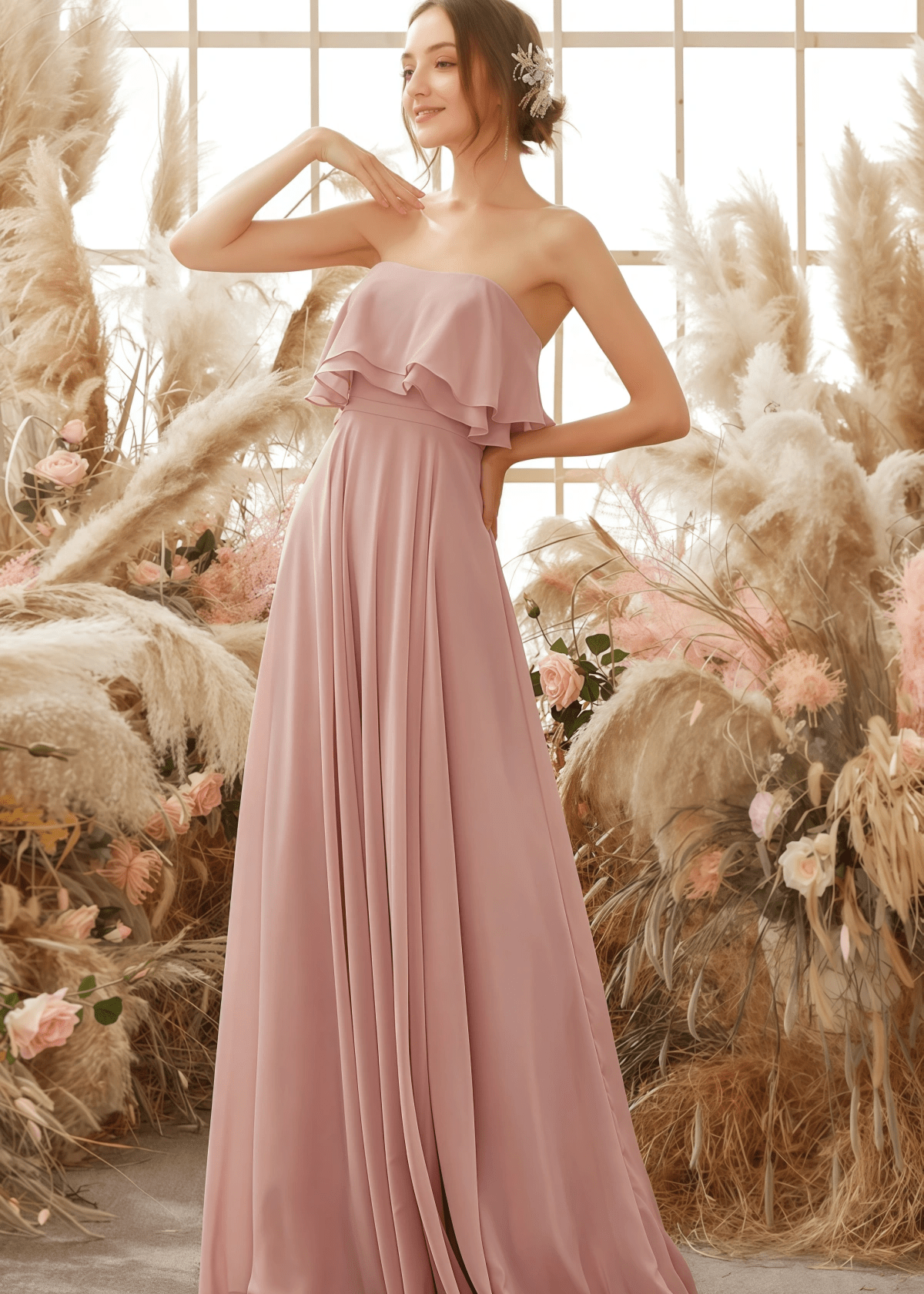 Ursula | A Line Strapless Blush Chiffon Maxi Bridesmaid Dress - Price #price_variant_lowest# - Blush - PromDressClub