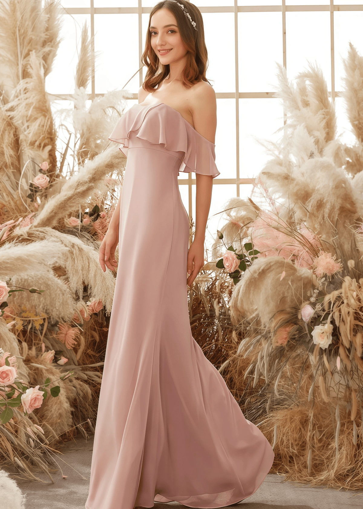Valentina | Sheath Column Elegant Ruffles Blush Chiffon Maxi Bridesmaid Dress - Price #price_variant_lowest# - Blush - PromDressClub