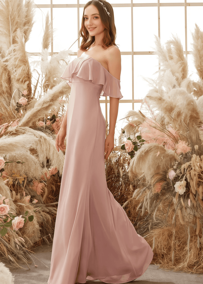 Valentina | Sheath Column Elegant Ruffles Blush Chiffon Maxi Bridesmaid Dress - Price #price_variant_lowest# - Blush - PromDressClub