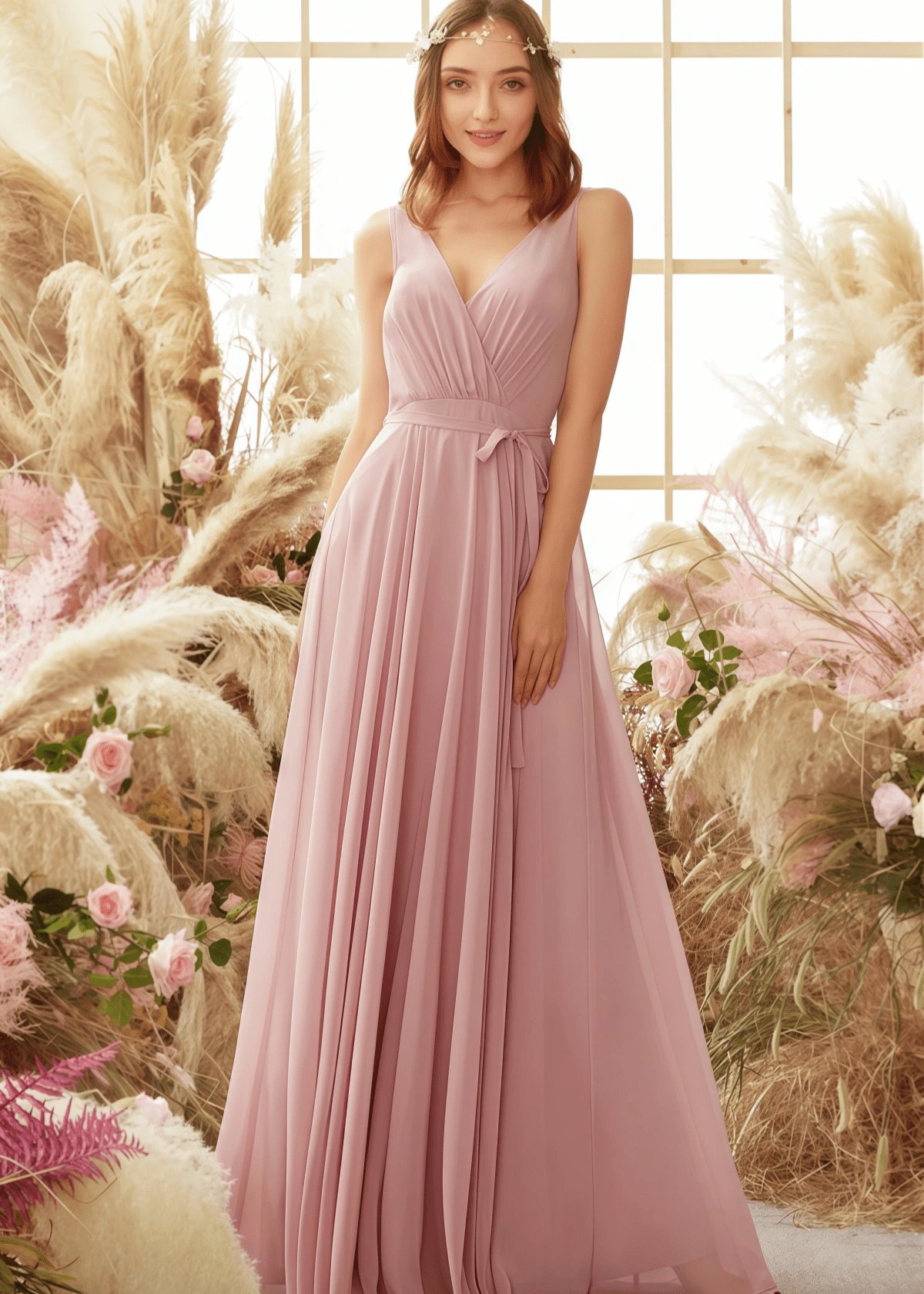 Vera | A Line Blush Chiffon Corset Long Bridesmaid Dress - Price #price_variant_lowest# - Blush - PromDressClub