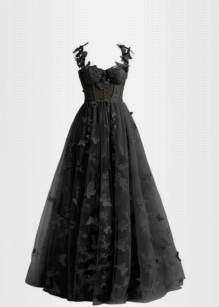 Verna |Lilac Prom Dresses Long A - line Lace Slit Corset with 3D Butterfly - Black - PromDressClub