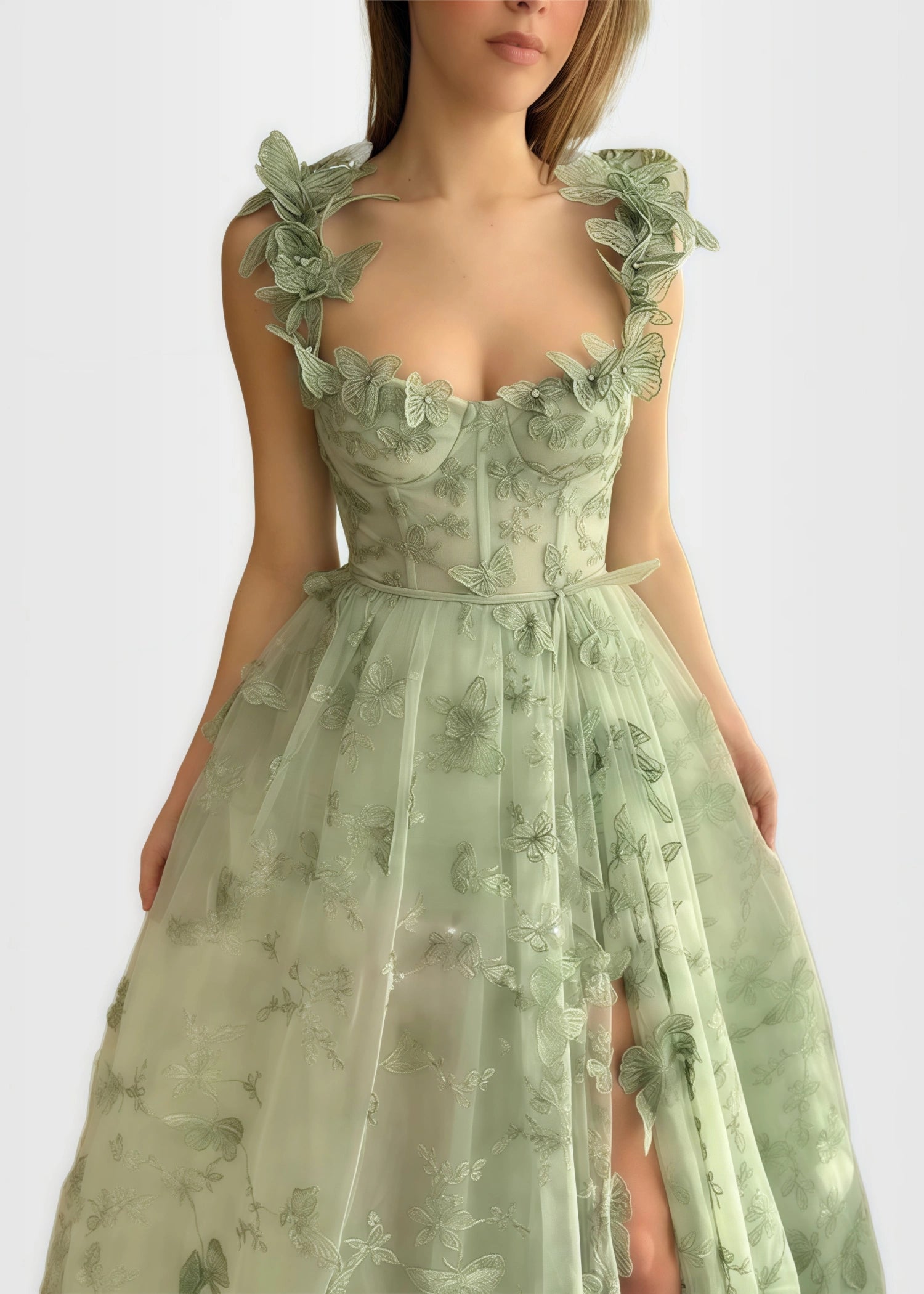 Verna |Lilac Prom Dresses Long A - line Lace Slit Corset with 3D Butterfly - Green - PromDressClub