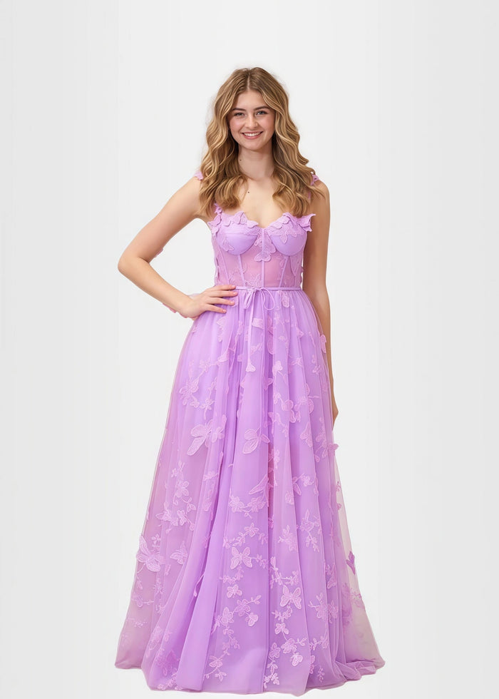 Verna |Lilac Prom Dresses Long A - line Lace Slit Corset with 3D Butterfly - Lilac - PromDressClub