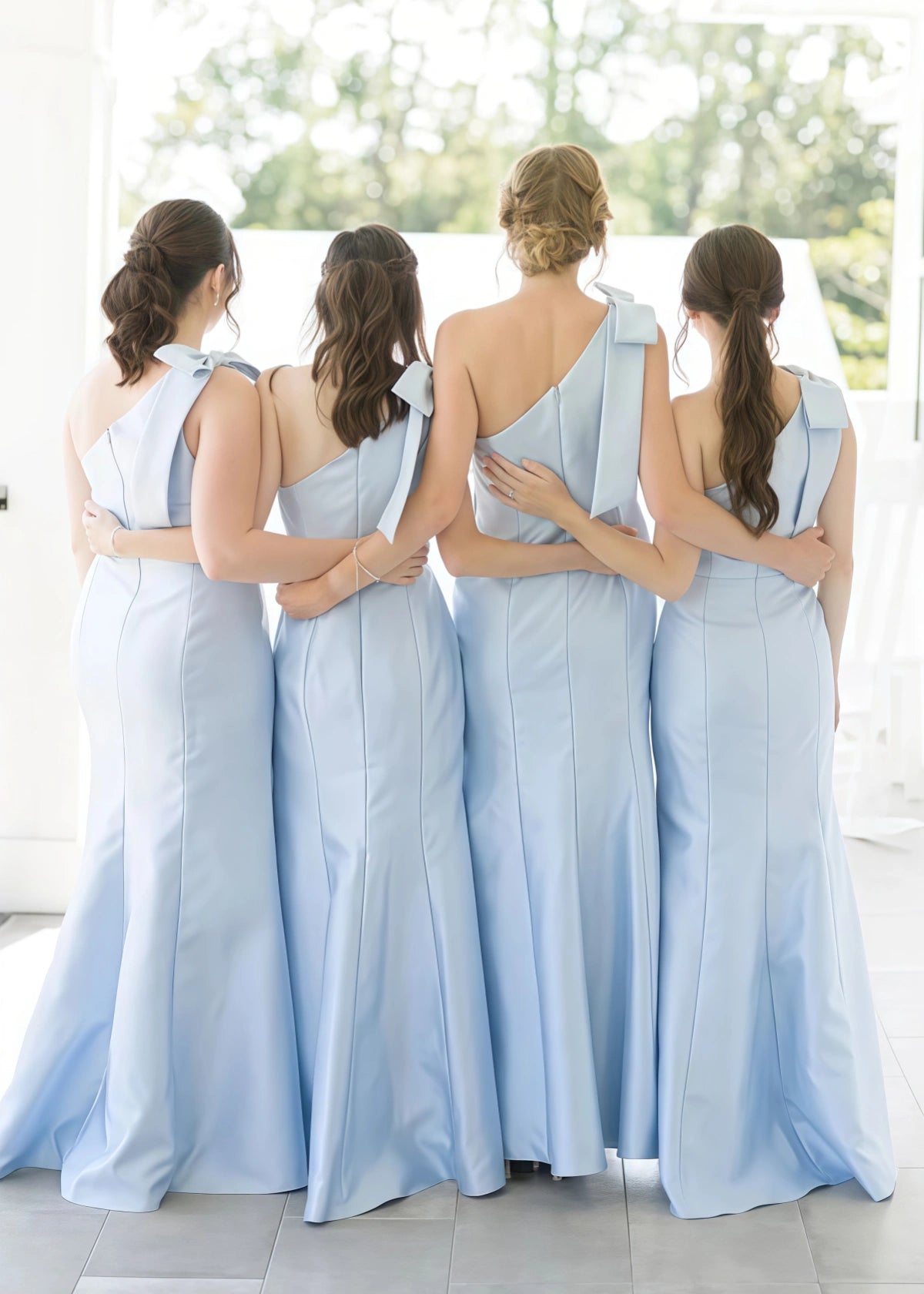 Verna | Sheath Bows Light Blue Satin Maxi Bridesmaid Dress with Sleeveless One Shoulder - Price #price_variant_lowest# - Light Blue - PromDressClub