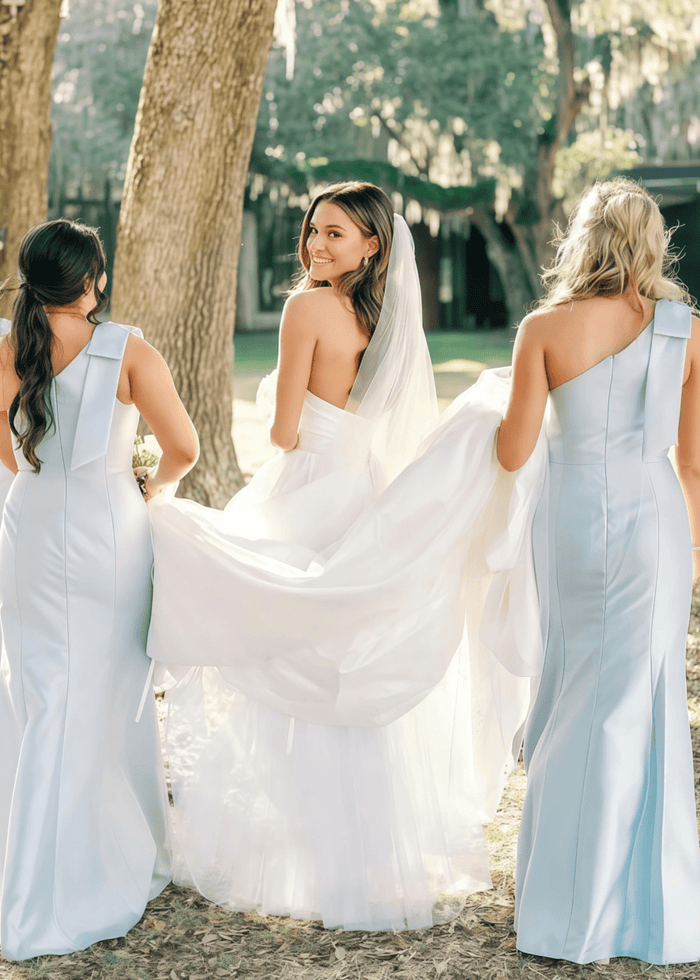 Verna | Sheath Bows Light Blue Satin Maxi Bridesmaid Dress with Sleeveless One Shoulder - Price #price_variant_lowest# - Light Blue - PromDressClub