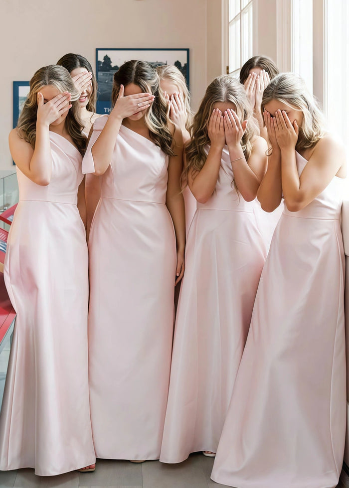 Verna | Sheath Bows Light Blue Satin Maxi Bridesmaid Dress with Sleeveless One Shoulder - Price #price_variant_lowest# - Light Pink - PromDressClub