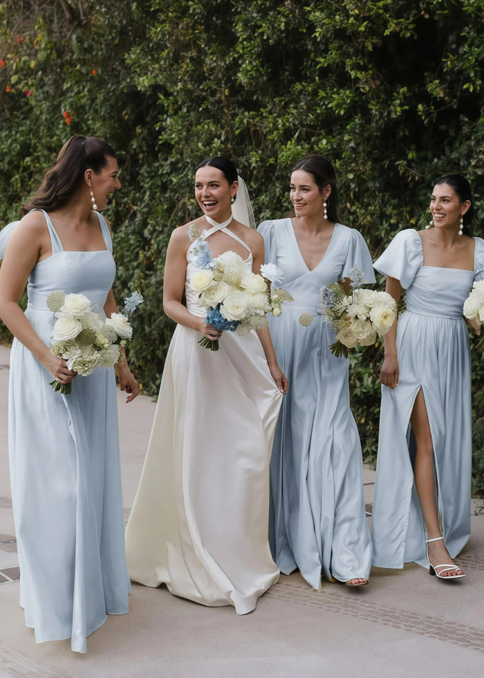 Veromca | Exquisite A Line Yellow Satin Maxi Bridesmaid Dress with Slit - Price #price_variant_lowest# - Light Blue - PromDressClub
