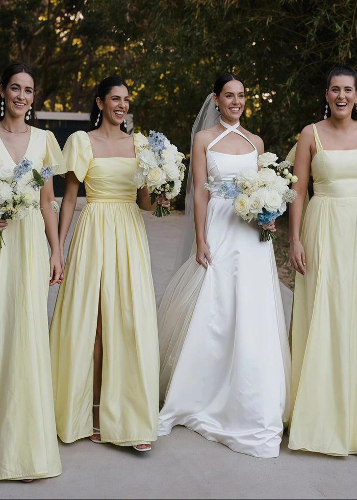Veromca | Exquisite A Line Yellow Satin Maxi Bridesmaid Dress with Slit - Price #price_variant_lowest# - Yellow - PromDressClub