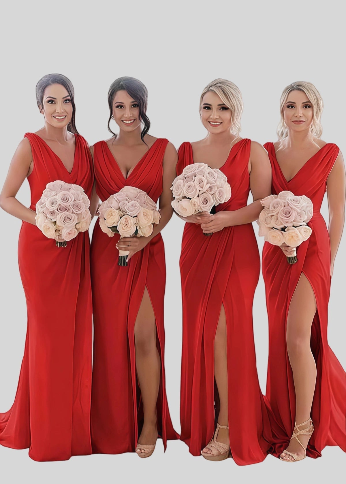 Veronica | Refinement Sheath Ivory Chiffon Maxi Bridesmaid Dress with Slit and Ruched - Price #price_variant_lowest# - Red - PromDressClub