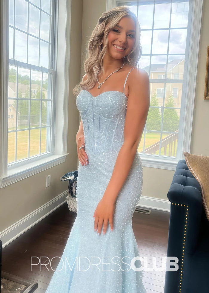 Violet |Sky Blue Prom Dresses Long Mermaid Sequins Spaghetti Straps - Sky Blue - PromDressClub