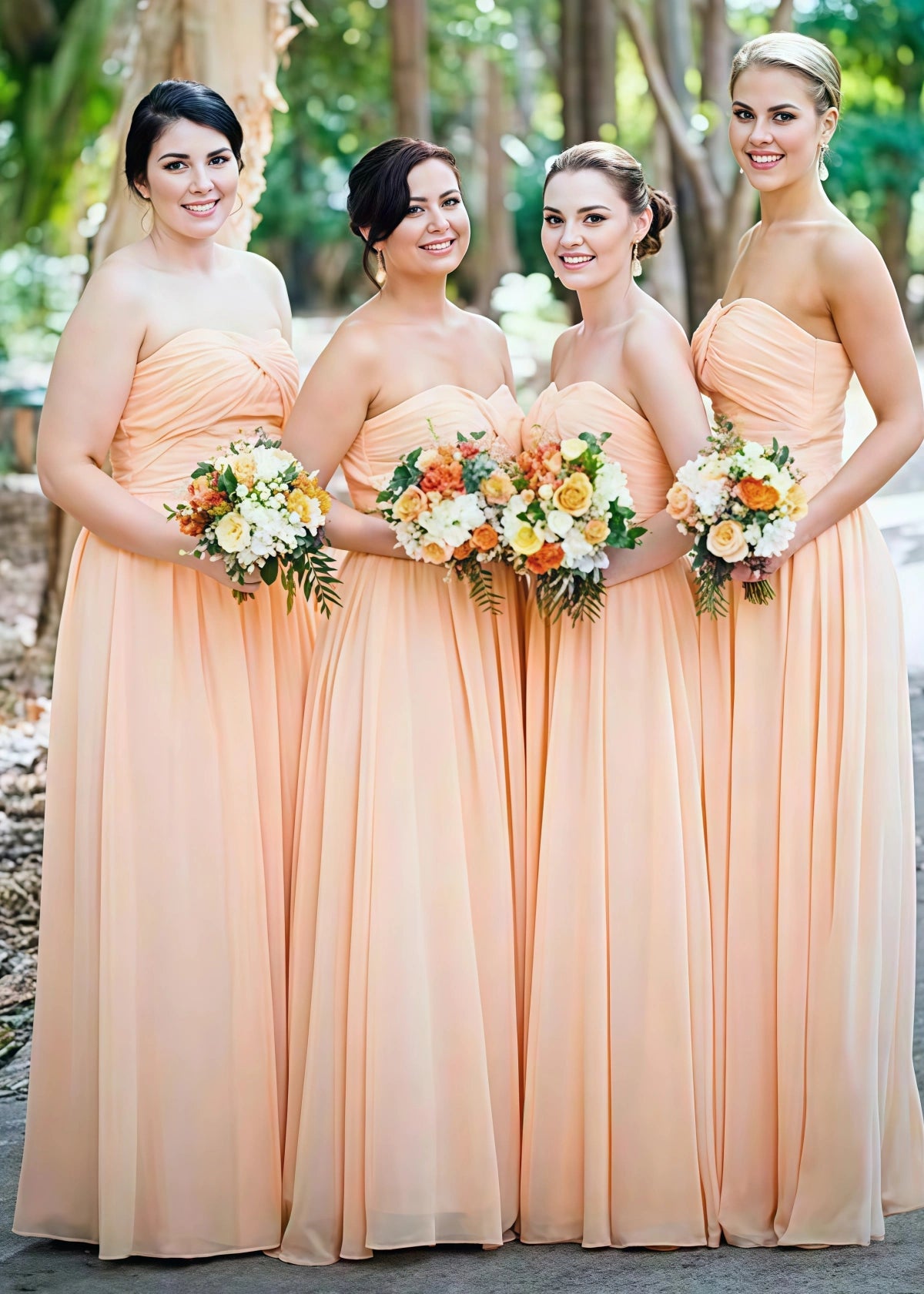 Virginia | Chic A Line Orange Chiffon Strapless Maxi Bridesmaid Dress with Sweetheart and Sleeveless - Price #price_variant_lowest# - Orange - PromDressClub